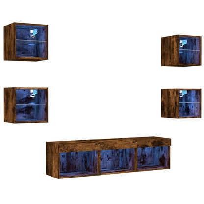 7 Piece TV Wall Units with LED Smoked Oak Engineered Wood