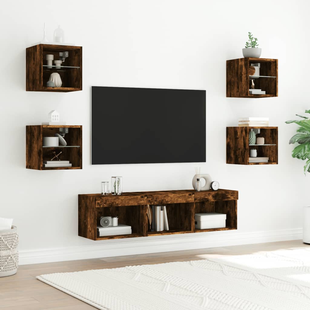 7 Piece TV Wall Units with LED Smoked Oak Engineered Wood