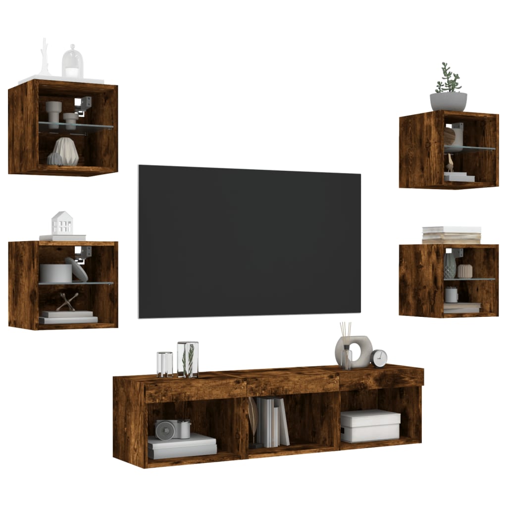 7 Piece TV Wall Units with LED Smoked Oak Engineered Wood