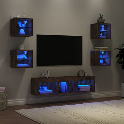 7 Piece TV Wall Units with LED Smoked Oak Engineered Wood