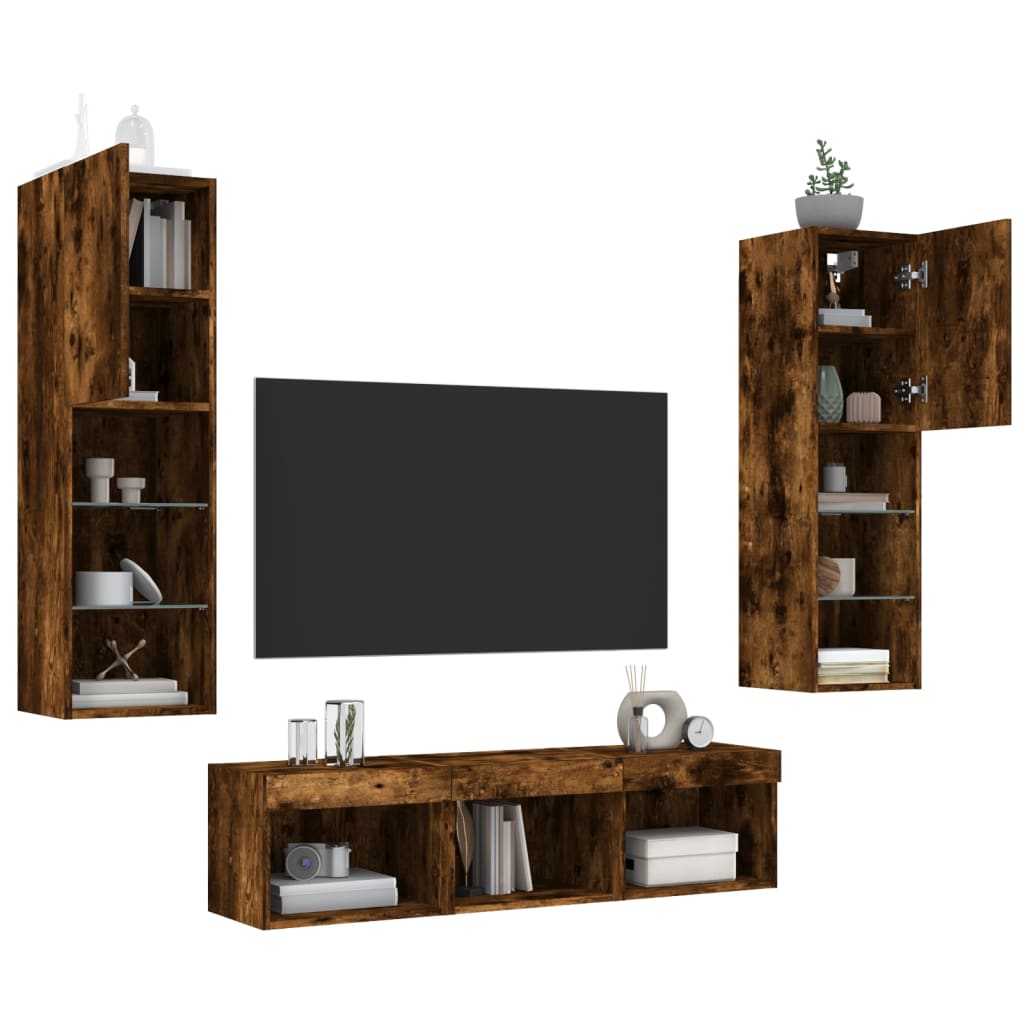 5 Piece TV Wall Units with LED Smoked Oak Engineered Wood