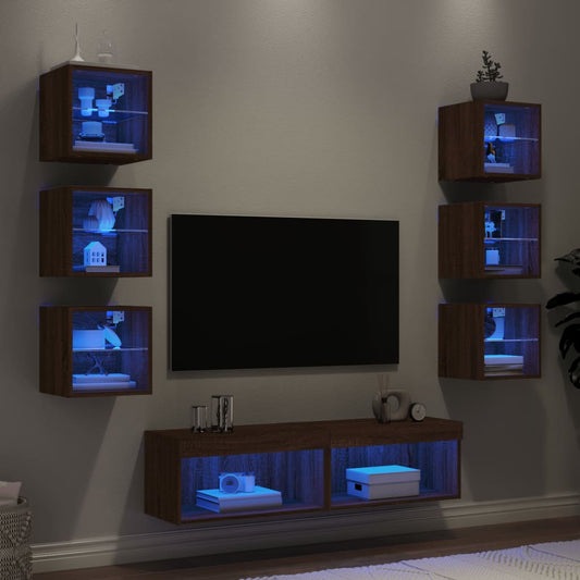 8 Piece TV Wall Units with LED Brown Oak Engineered Wood