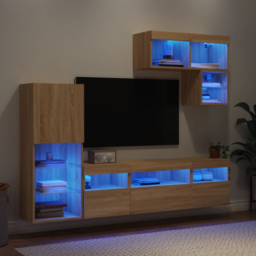 6 Piece TV Wall Units with LED Sonoma Oak Engineered Wood