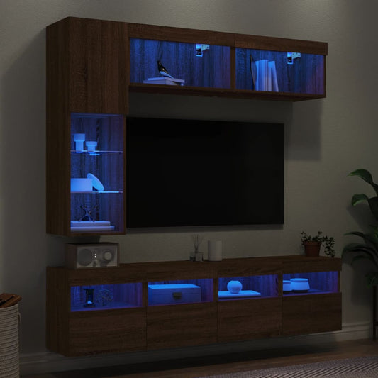 7 Piece TV Wall Cabinet Set with LED Lights Brown Oak