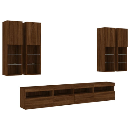 7 Piece TV Wall Cabinet Set with LED Lights Brown Oak