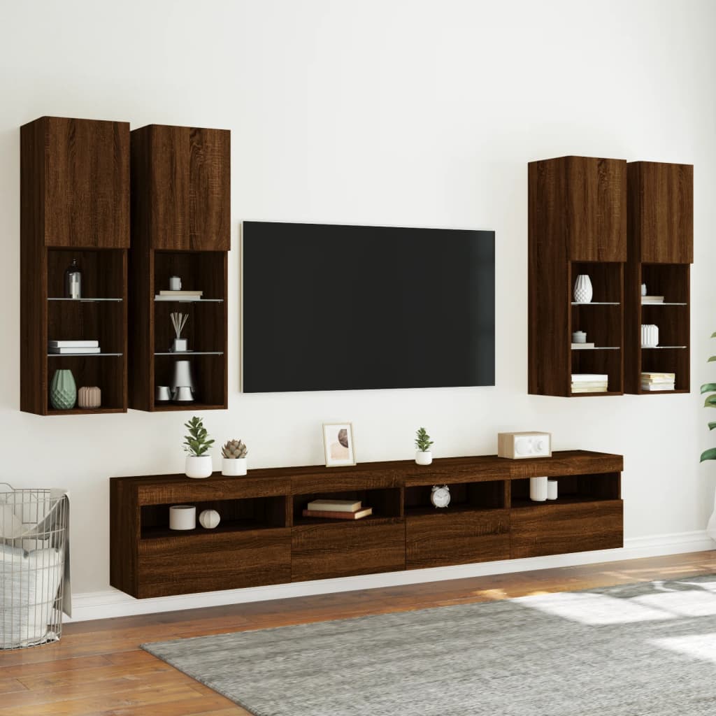 7 Piece TV Wall Cabinet Set with LED Lights Brown Oak