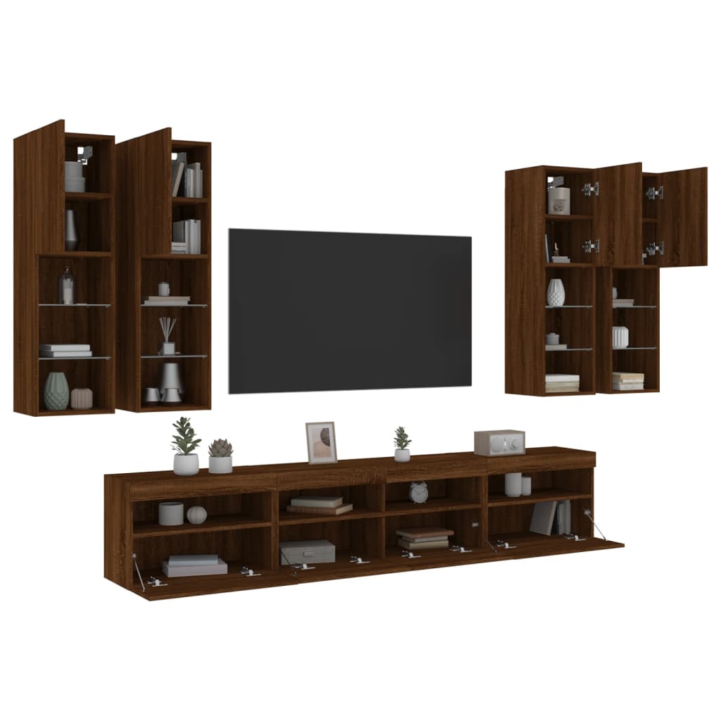 7 Piece TV Wall Cabinet Set with LED Lights Brown Oak