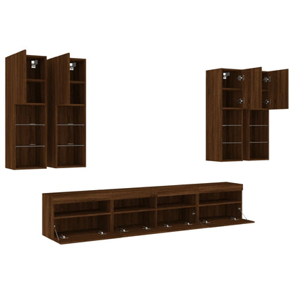 7 Piece TV Wall Cabinet Set with LED Lights Brown Oak