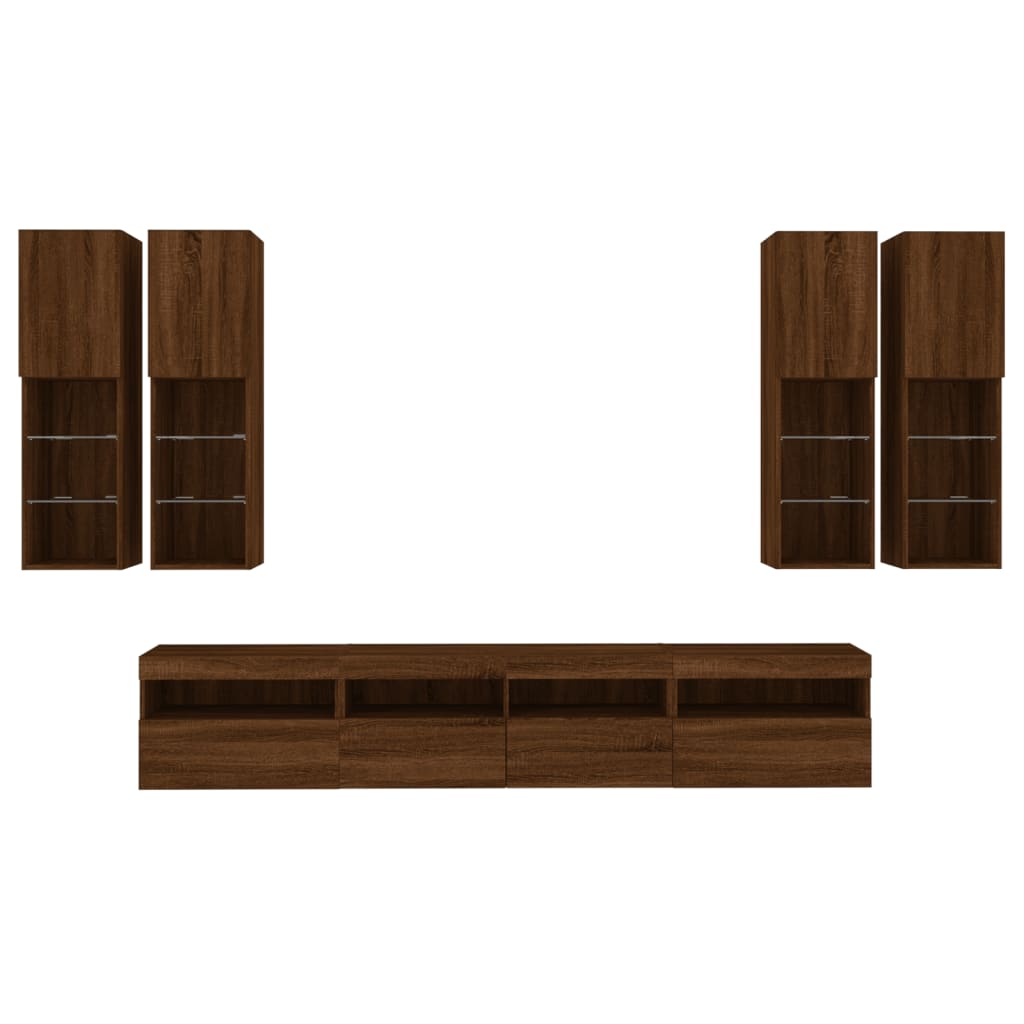 7 Piece TV Wall Cabinet Set with LED Lights Brown Oak