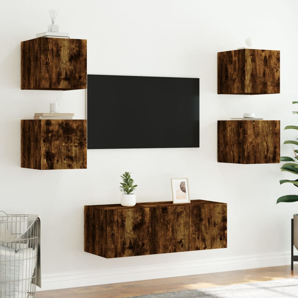 6 Piece TV Wall Units with LED Smoked Oak Engineered Wood