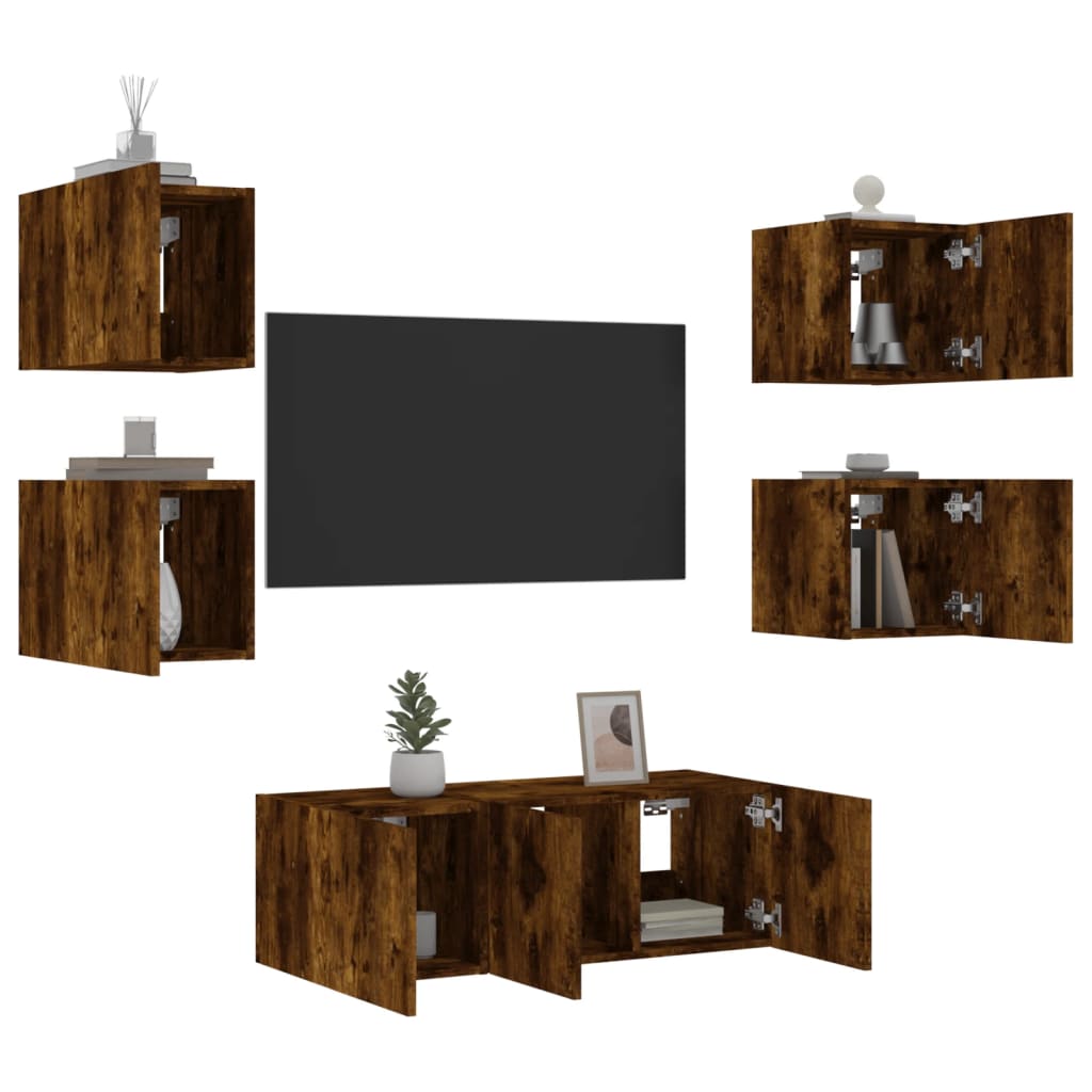 6 Piece TV Wall Units with LED Smoked Oak Engineered Wood