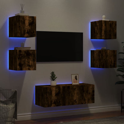 6 Piece TV Wall Units with LED Smoked Oak Engineered Wood