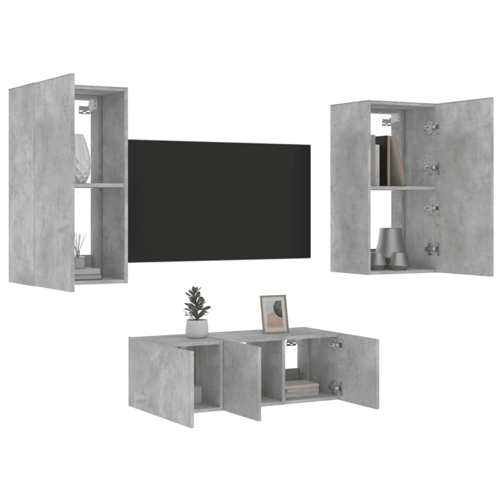 4 Piece TV Wall Units with LED Concrete Grey Engineered Wood