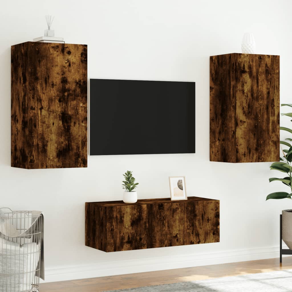 4 Piece TV Wall Units with LED Smoked Oak Engineered Wood