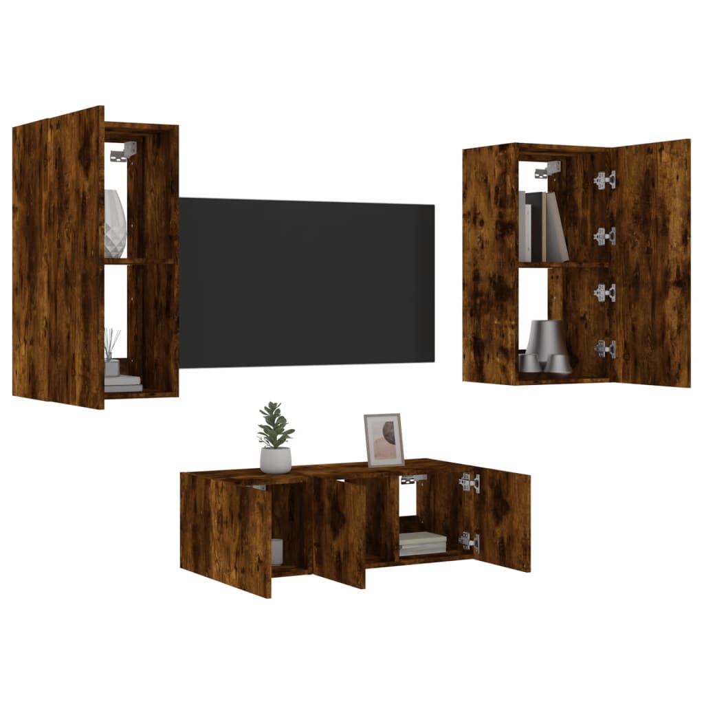 4 Piece TV Wall Units with LED Smoked Oak Engineered Wood