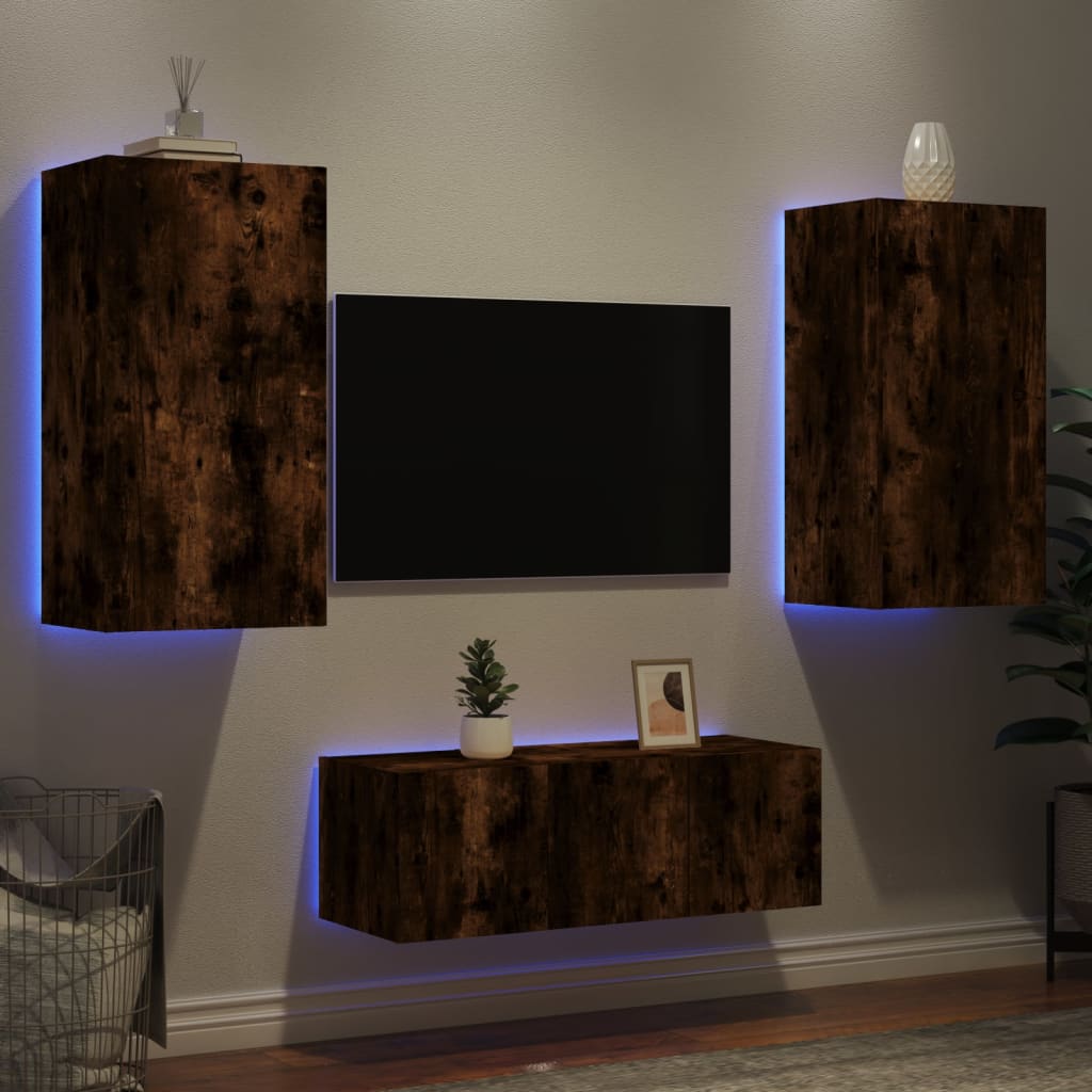 4 Piece TV Wall Units with LED Smoked Oak Engineered Wood