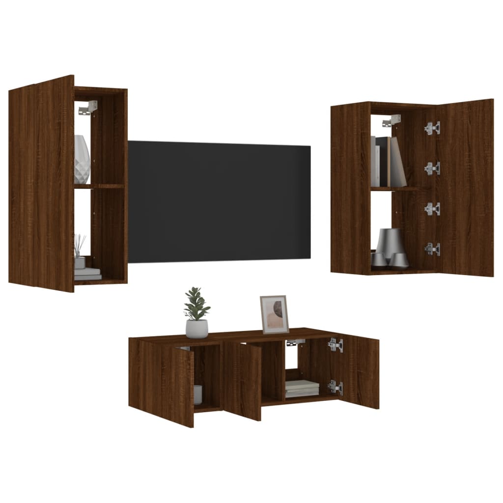 4 Piece TV Wall Units with LED Brown Oak Engineered Wood