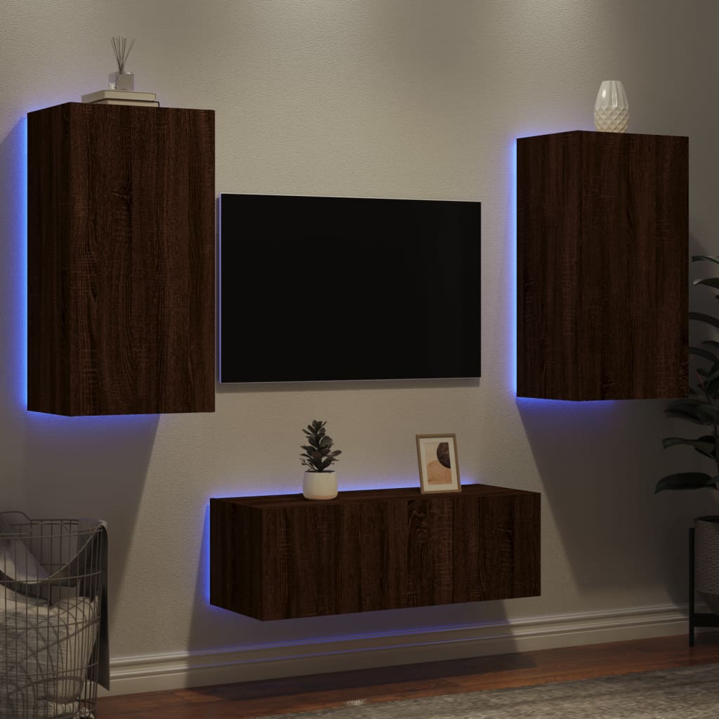 4 Piece TV Wall Units with LED Brown Oak Engineered Wood