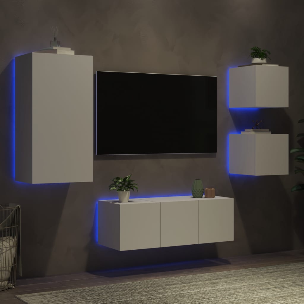 5 Piece TV Wall Units with LED White Engineered Wood