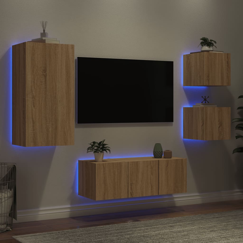 5 Piece TV Wall Units with LED Sonoma Oak Engineered Wood