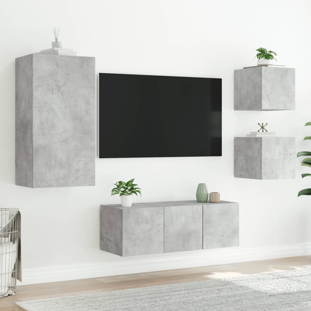 5 Piece TV Wall Units with LED Concrete Grey Engineered Wood