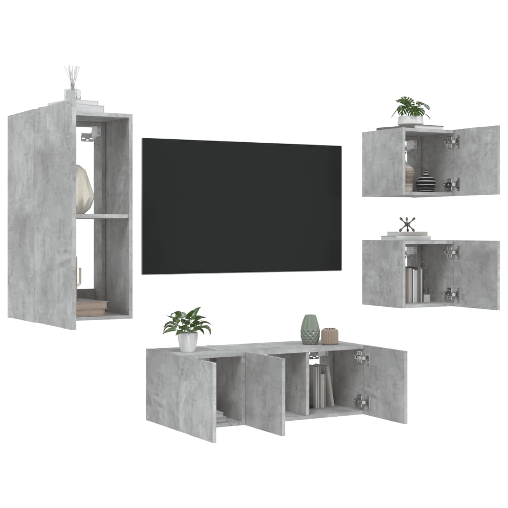 5 Piece TV Wall Units with LED Concrete Grey Engineered Wood