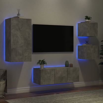 5 Piece TV Wall Units with LED Concrete Grey Engineered Wood