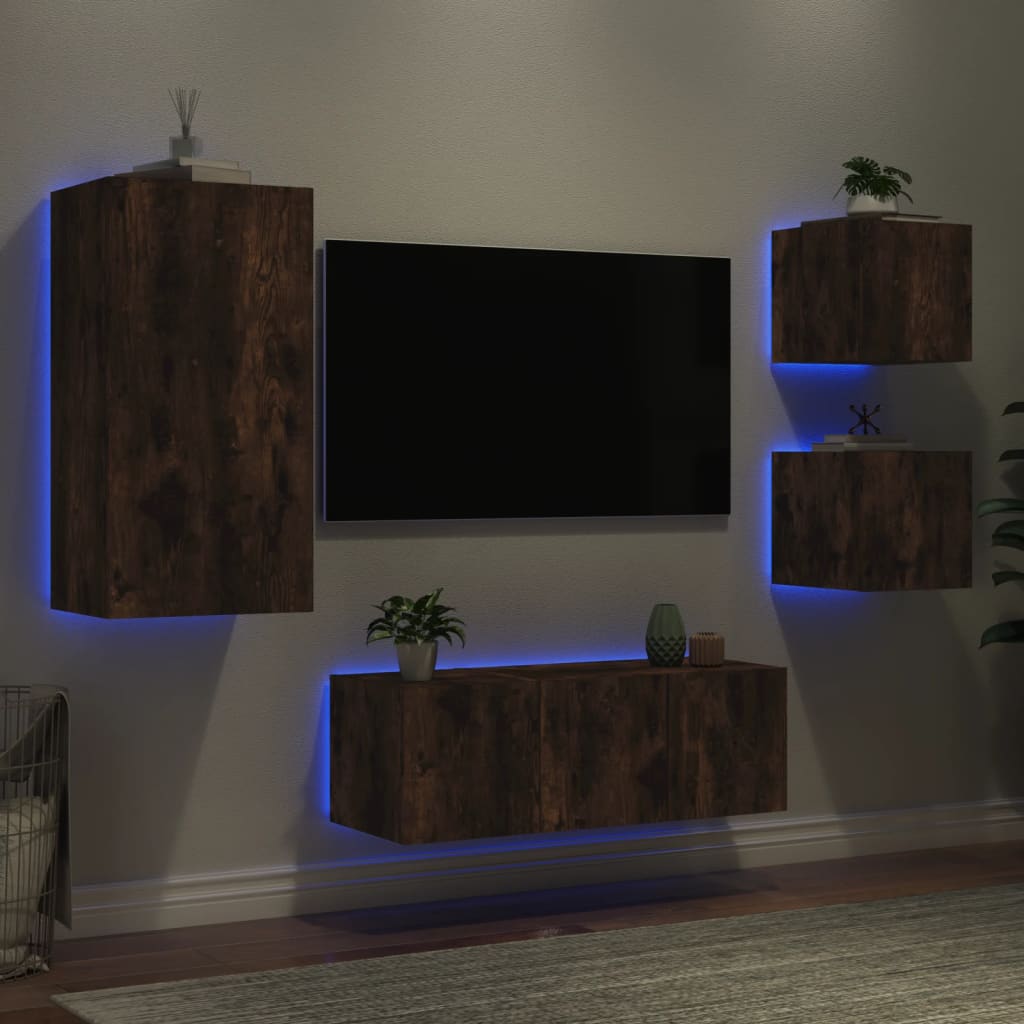 5 Piece TV Wall Units with LED Smoked Oak Engineered Wood