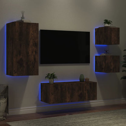 5 Piece TV Wall Units with LED Smoked Oak Engineered Wood