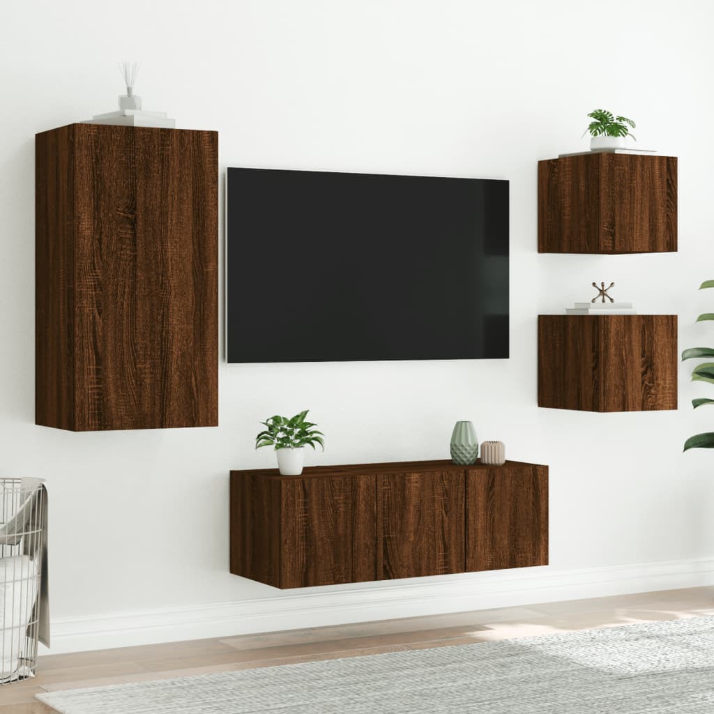 5 Piece TV Wall Units with LED Brown Oak Engineered Wood