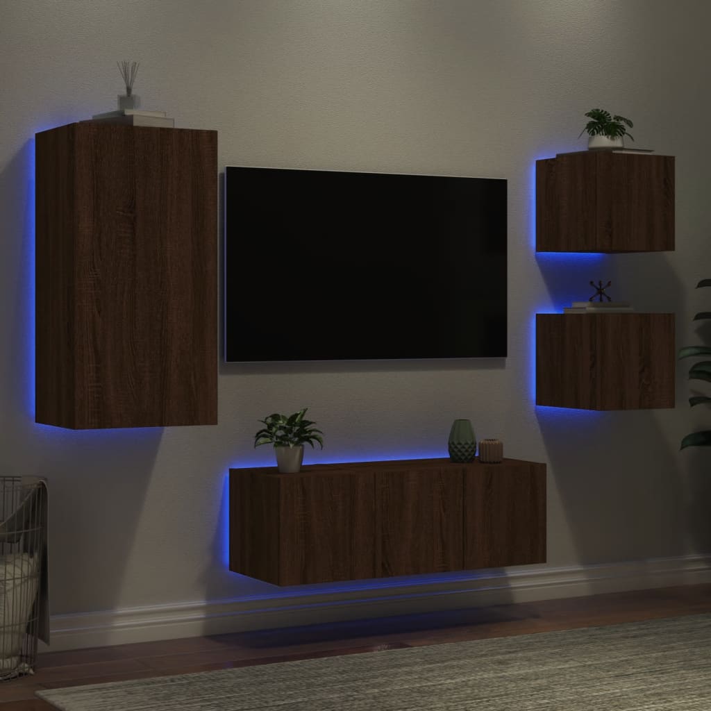 5 Piece TV Wall Units with LED Brown Oak Engineered Wood