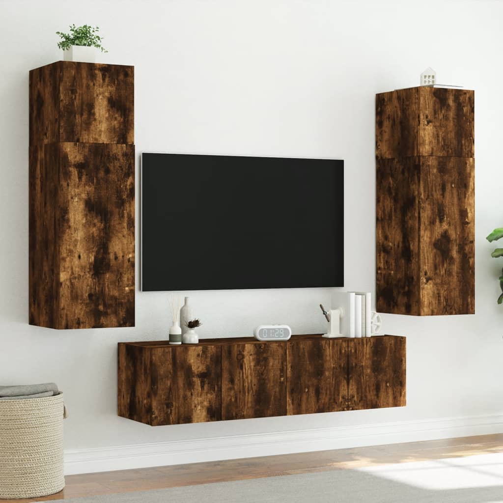 6 Piece TV Wall Units with LED Smoked Oak Engineered Wood