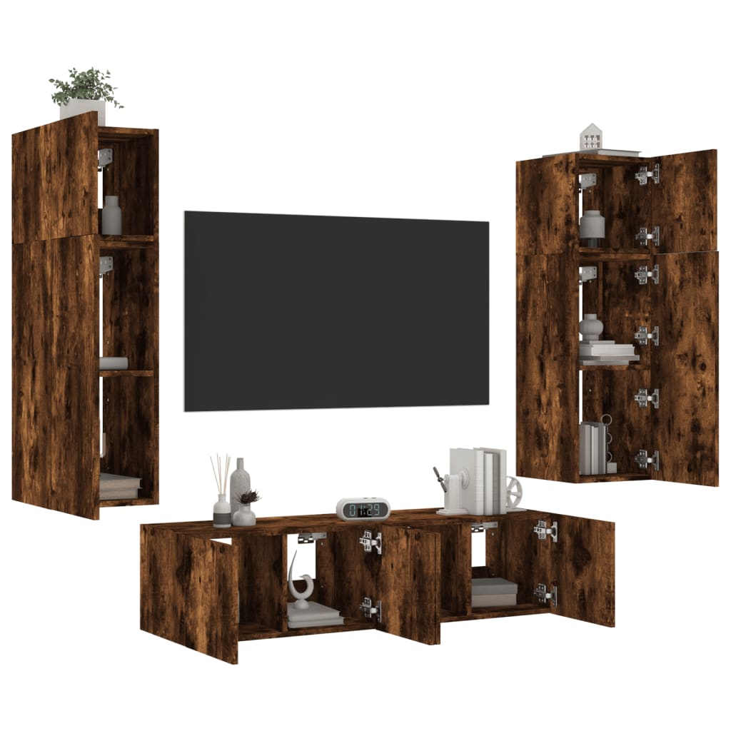 6 Piece TV Wall Units with LED Smoked Oak Engineered Wood