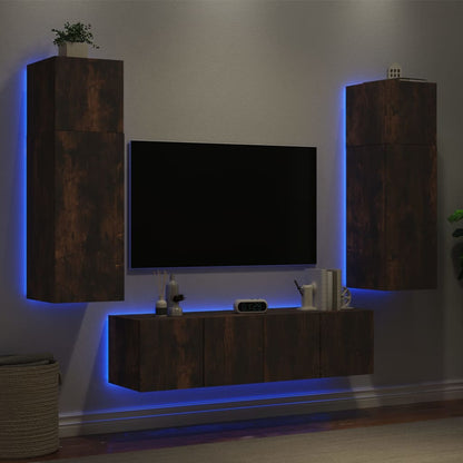 6 Piece TV Wall Units with LED Smoked Oak Engineered Wood