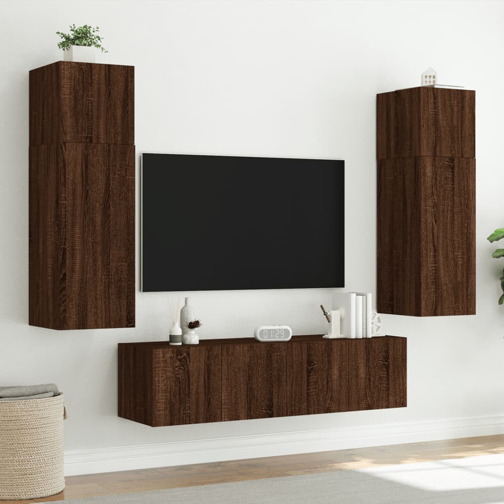 6 Piece TV Wall Units with LED Brown Oak Engineered Wood