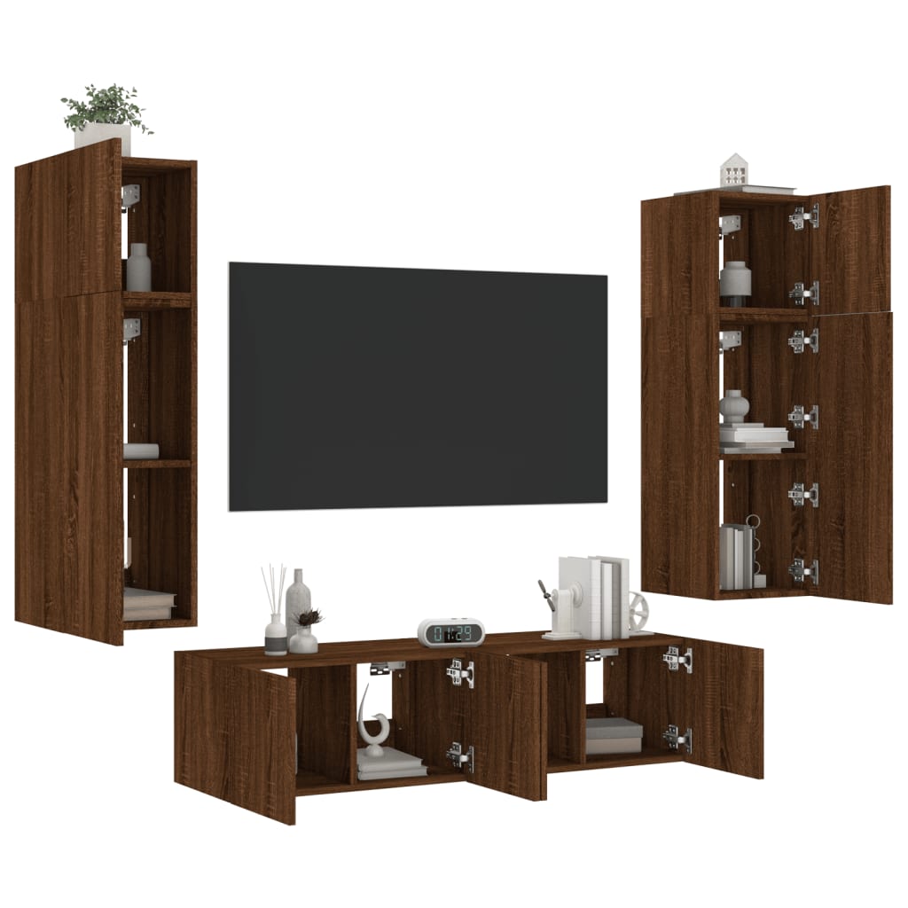 6 Piece TV Wall Units with LED Brown Oak Engineered Wood