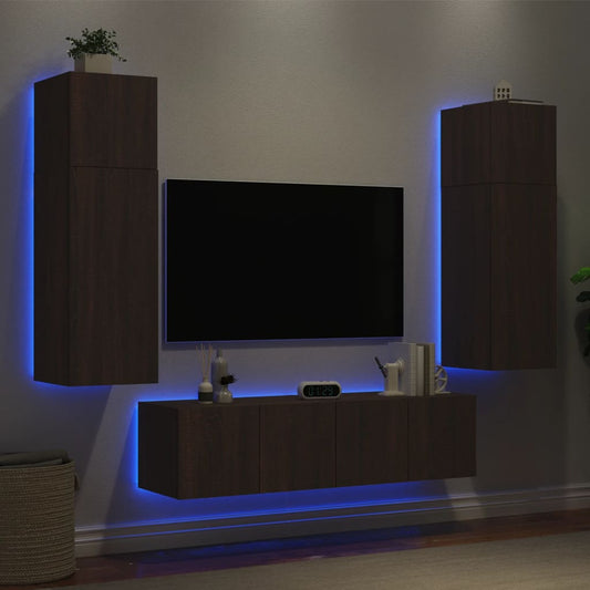 6 Piece TV Wall Units with LED Brown Oak Engineered Wood