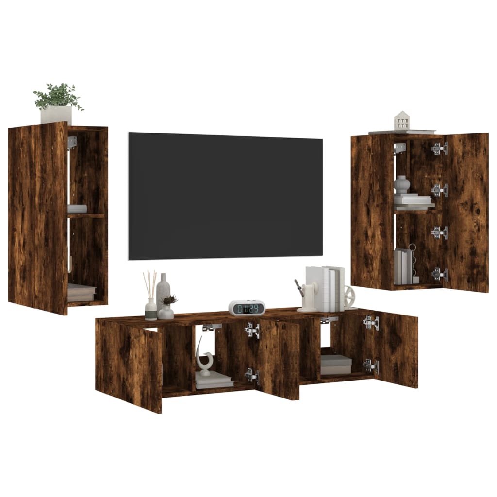 4 Piece TV Wall Units with LED Smoked Oak Engineered Wood