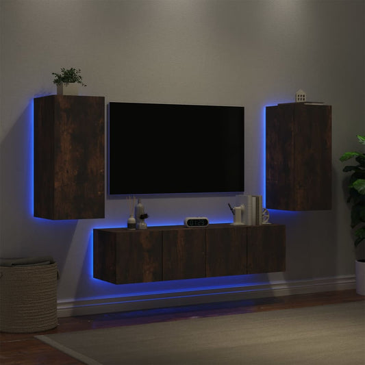 4 Piece TV Wall Units with LED Smoked Oak Engineered Wood