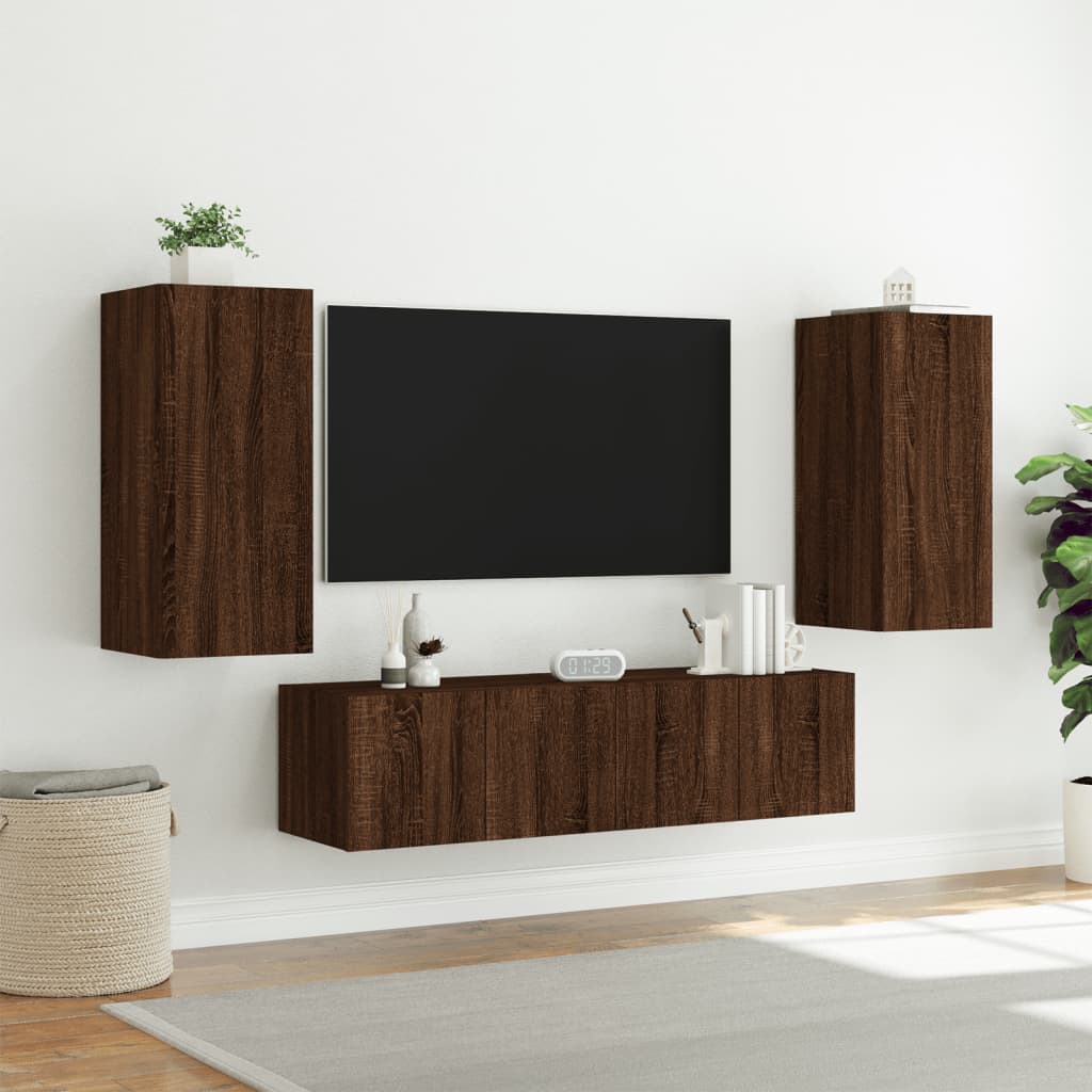 4 Piece TV Wall Units with LED Brown Oak Engineered Wood