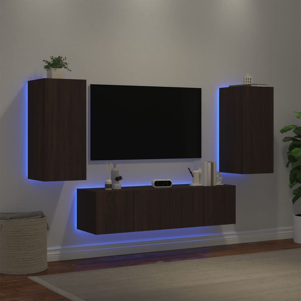 4 Piece TV Wall Units with LED Brown Oak Engineered Wood