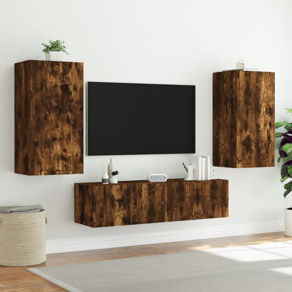 4 Piece TV Wall Units with LED Smoked Oak Engineered Wood