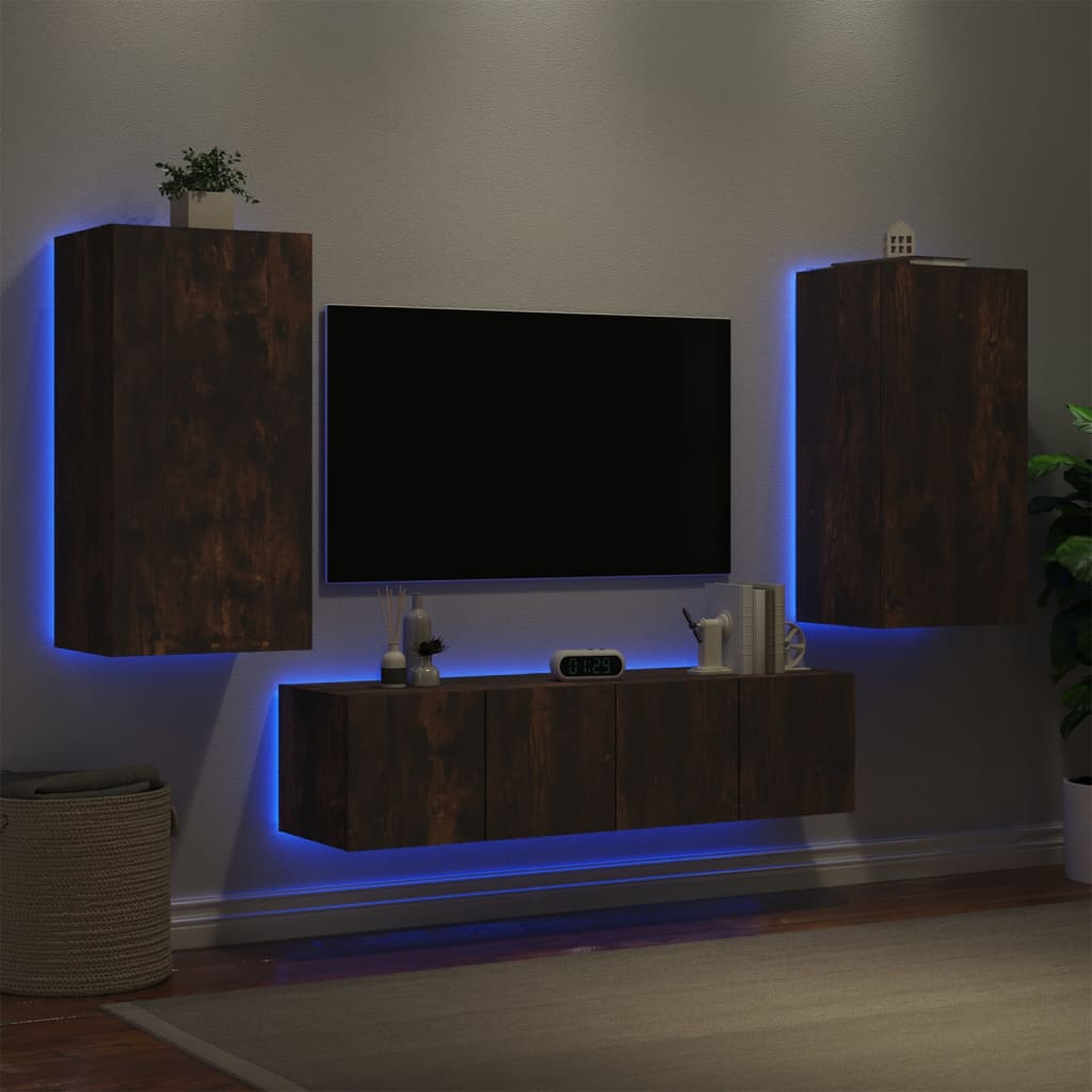 4 Piece TV Wall Units with LED Smoked Oak Engineered Wood