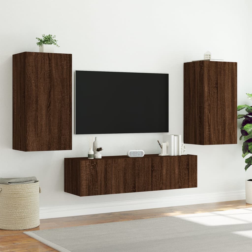 4 Piece TV Wall Units with LED Brown Oak Engineered Wood