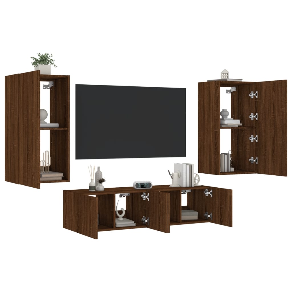 4 Piece TV Wall Units with LED Brown Oak Engineered Wood