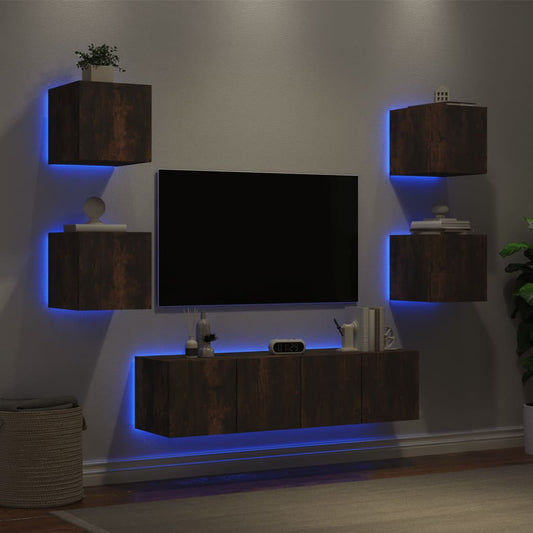 6 Piece TV Wall Units with LED Smoked Oak Engineered Wood