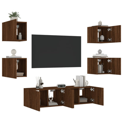 6 Piece TV Wall Units with LED Brown Oak Engineered Wood