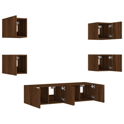 6 Piece TV Wall Units with LED Brown Oak Engineered Wood