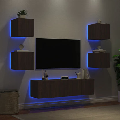 6 Piece TV Wall Units with LED Brown Oak Engineered Wood