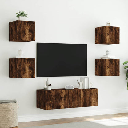 5 Piece TV Wall Cabinets with LED Lights Smoked Oak